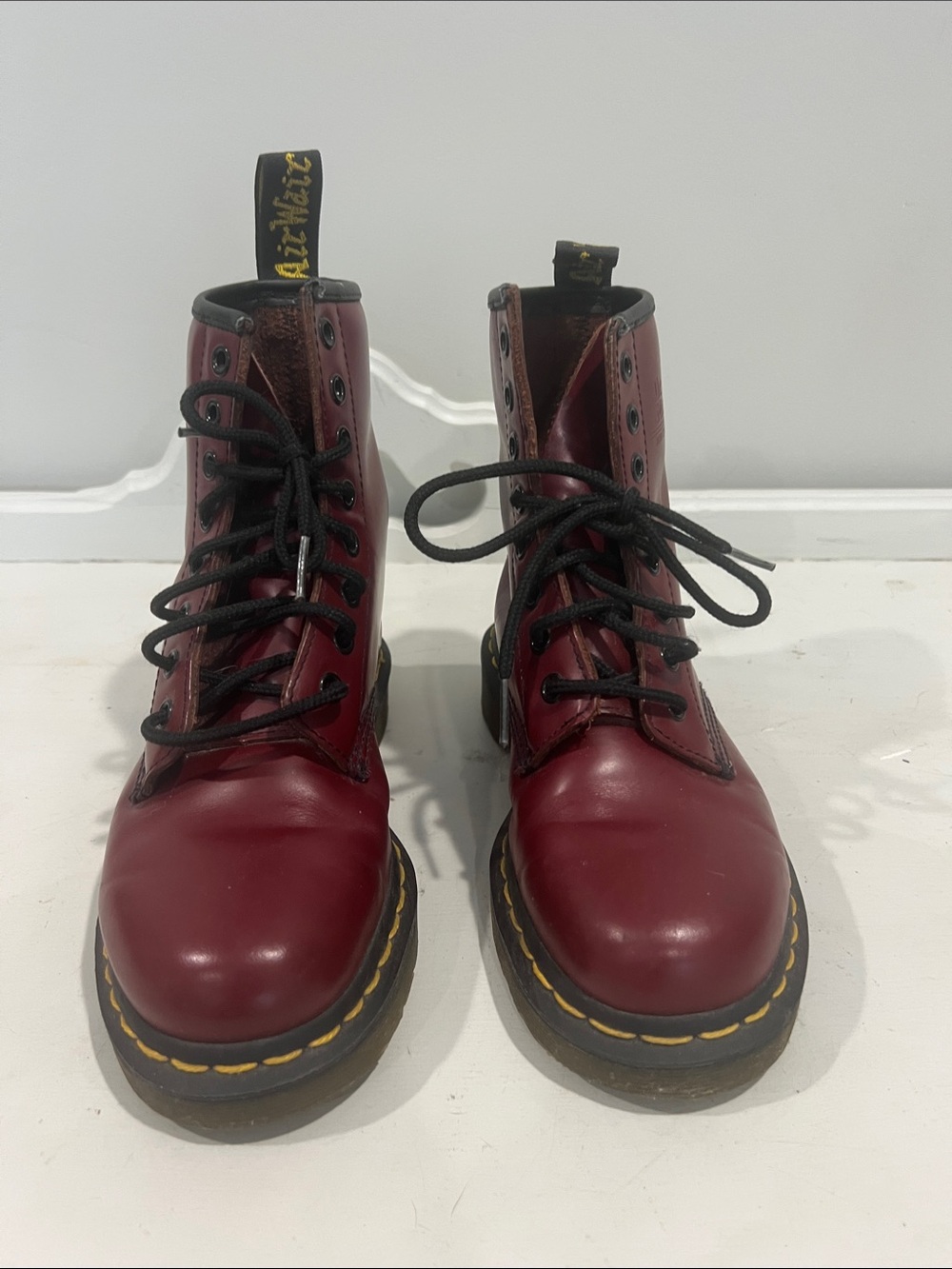 Dr. Martens Burgundy Leather Lace-Up Boots with Yellow Stitching size 6 womens